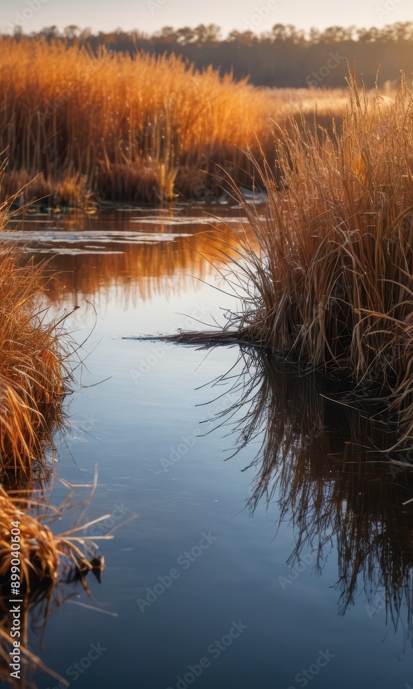 Poster golden grass reflection in still water.