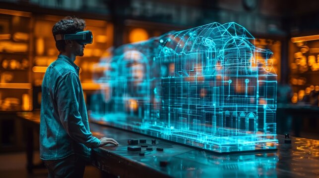 Architect in VR Glasses Analyzes Holographic Building Model on Table, Next to Ultra-Translucent Futuristic Structure, Luminous 3D Rendering 