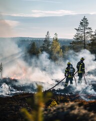 Fototapeta premium Firefighters battling a wildfire. AI.