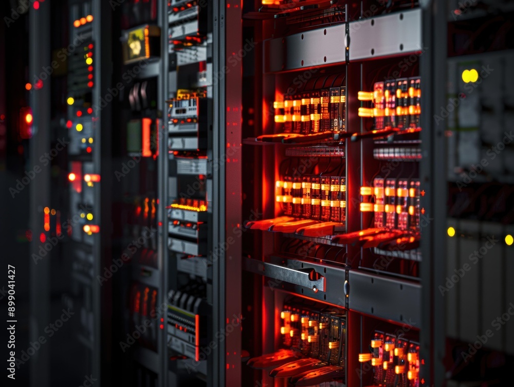 Poster a server rack with rows of glowing lights. ai.