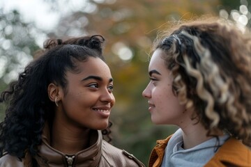 Two Young Women Gazing at Each Other in a Forest