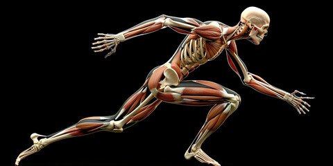 Stable and flexible Joints bear  weight  and propel  body forward while walking ,analysis of bone and muscle coordination during running process, black background, a scientific and education banner 