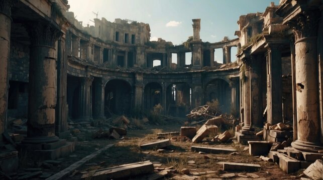 Ruins of a grand building, a testament to a bygone era. AI.