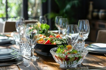 elegant dinner table with artfully plated dishes crystal wine glasses ambient lighting rustic wooden table fresh salad bowl as centerpiece