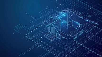 Wireframe House on Blue Background