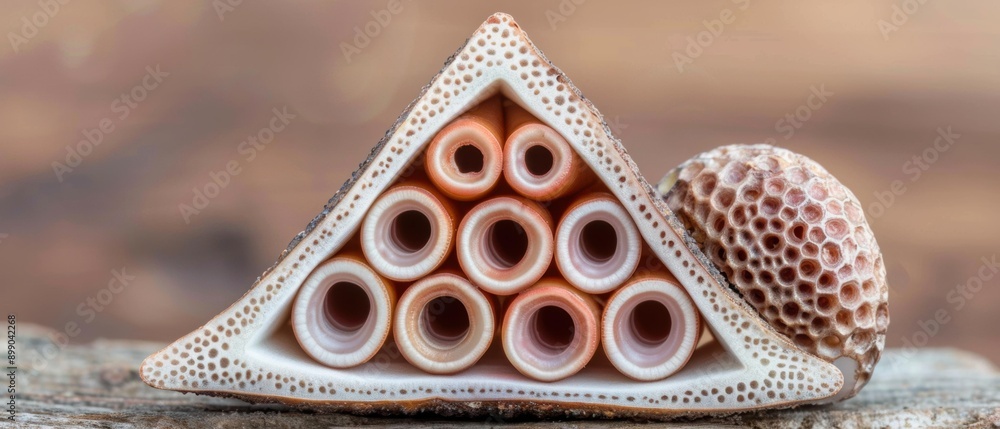 Poster a unique seashell with a honeycomb pattern and multiple holes. ai.