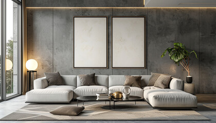 Contemporary living room with empty frame