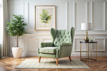 Elegant light green wingback chair stands against a crisp white wall, surrounded by stylish modern decor, featuring a large art poster frame in a mid-century inspired living room.