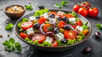 Fresh Greek salad composed of juicy tomatoes, crispy olives, and creamy goat cheese, artfully arranged on a rustic dark stone background, perfect for design additions.