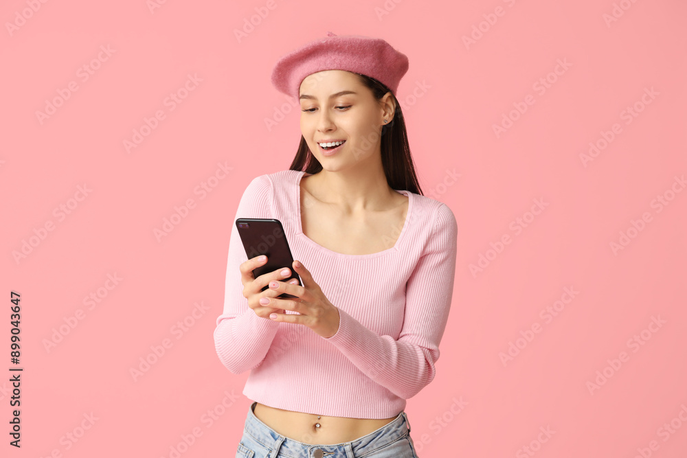 Sticker beautiful young woman in stylish beret hat with mobile phone on pink background