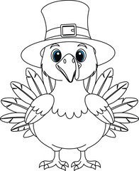 Cute turkey wearing a pilgrim hat outline coloring page