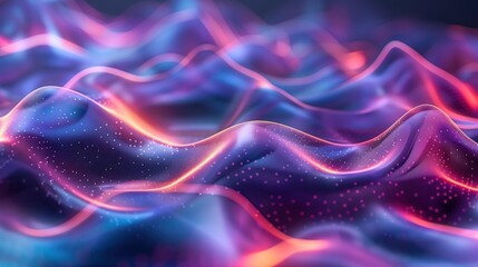Obraz premium A vibrant 3D abstract representation of sound waves forming fluid, colorful shapes. Satin-like curves in hues of blue, purple, and pink with sparkling dots create a dynamic visual effect.