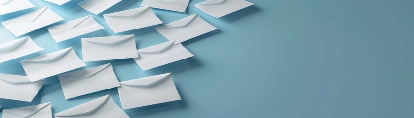 Obraz premium A collection of white envelopes scattered on a soft blue background, perfect for concepts of communication and correspondence.