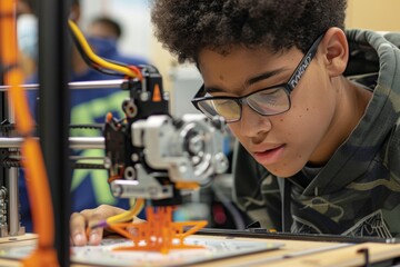 Focused Teenager Using a 3D Printer