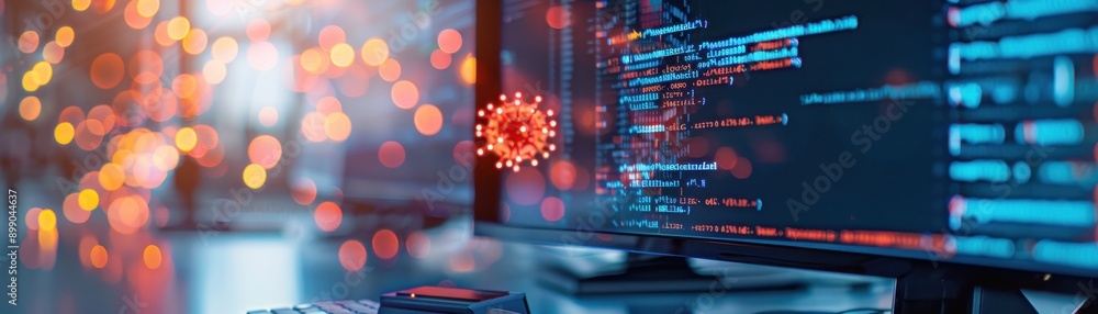 Poster a modern computer screen displays code with a digital virus illustration, symbolizing cybersecurity 