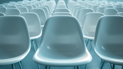 Naklejka premium Rows of empty white chairs are waiting for an audience in a modern conference hall