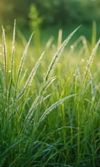 Obraz premium Dew Drops on Grass Blades in the Morning Sun.