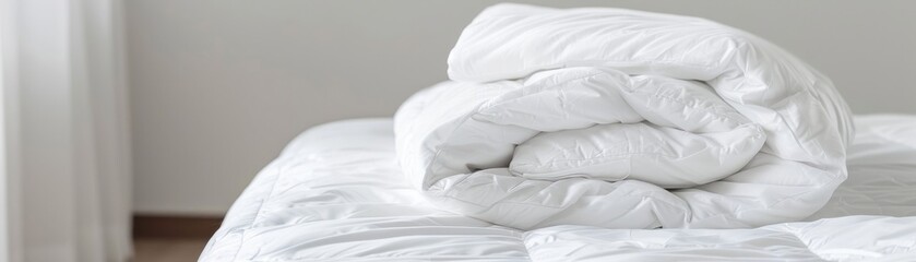 A soft, neatly folded white comforter resting on a cozy bed, creating a serene and inviting bedroom atmosphere.