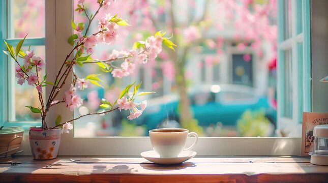 Coffee cup by a window with a view of a bright spring day, creating a refreshing and serene morning scene
  Seamless looping 4k time-lapse virtual video animation Generated AI