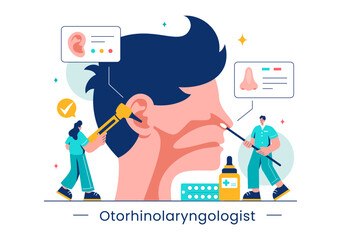 Vector Illustration of an Otorhinolaryngologist in a Healthcare Setting, Relating to Medical Issues of the Ear, Nose and Throat in a Flat Background