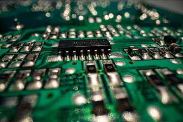 Circuit board with electrons. Motherboard. Electronic circuit board close up. Electronic computer...