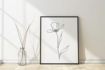 Minimalist Flower Line Art Print in a Black Frame
