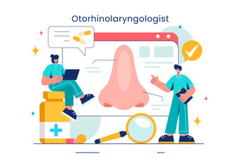 Vector Illustration of an Otorhinolaryngologist in a Healthcare Setting, Relating to Medical Issues of the Ear, Nose and Throat in a Flat Background