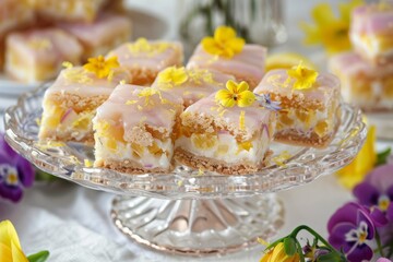 Lemon Bars with Flowers on a Glass Cake Stand
