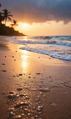 Obraz premium Golden Sunset Beach with Ocean Waves and Palm Trees in Background.