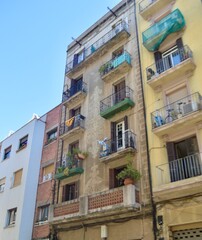Facades of buildings in Poble Sec. Barcelona, Catalonia, Spain	