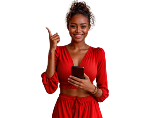 Mulher com smartphone na mão apontando para algo