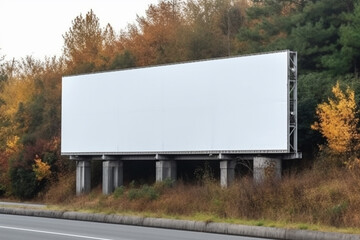  a large blank billboard on the side of a road with a clear sky in the background, ready for advertisement or messaging.