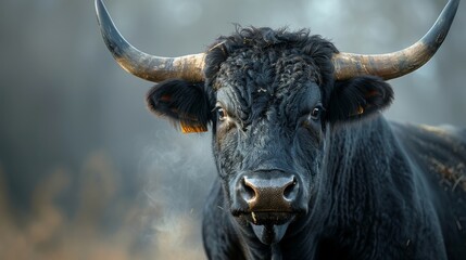 Naklejka premium Majestic bull is staring intensely with large horns, showcasing its power and presence on a farm
