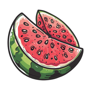 recommend clip art: Watermelon sliced into two wedges with black seeds illustration cartoon print ,generative ai