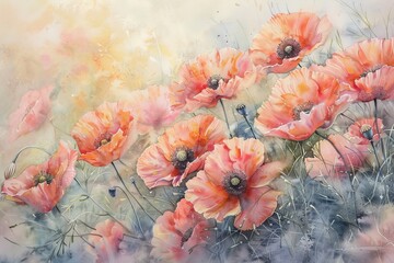 Watercolor Painting of a Field of Poppies