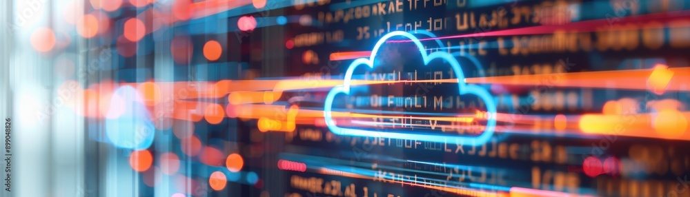 Poster vibrant digital cloud technology concept with glowing lines representing data transfer and storage i