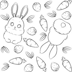 Cute bunny with carrot, leaves, and strawberry pattern cartoon coloring page, can be used for wallpaper, fabric, wrapping design