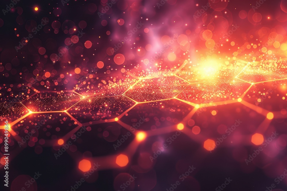Poster an abstract image featuring a hexagonal pattern illuminated with bright lights. the background consi