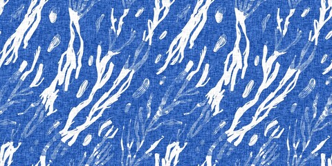 Whimsical seaweed kelp coastal electric blue beach pattern. Batik screen block print cloth effect. Playful kelp coral tropical summer background. Modern scandi underwater plant seamless design.