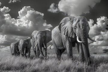 Fototapeta premium Herd of majestic adult African elephants crossing the savanna grasslands