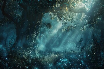 enchanted forest glade bioluminescent flora gossamer fog tendrils otherworldly dappled sunlight ethereal nature spirits