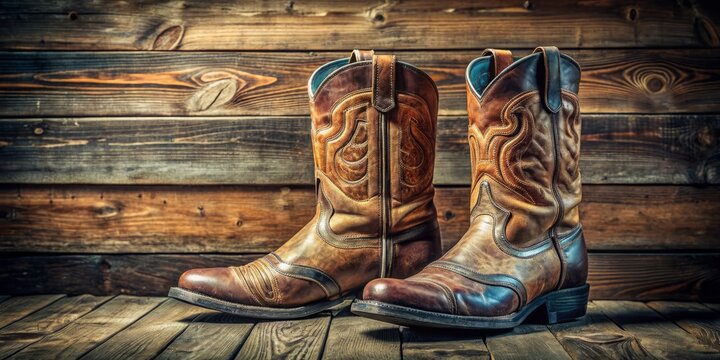 Rugged cowboy boots adorned with intricate stitching and subtle buckles sit atop worn denim jeans, resting on a weathered wooden floor in a rustic atmosphere. - Powered by Adobe
