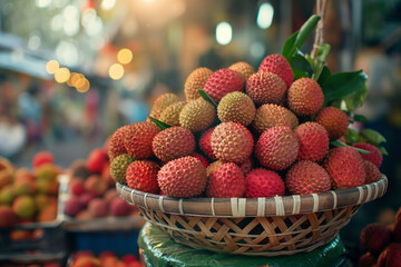 A basket of lychees at a local market. The lychees have a vibrant red color and are piled high, showcasing their juicy, sweet flesh.