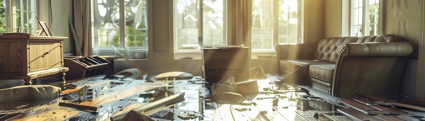 Interior of a home affected by flooding, with waterlogged furniture, floating items, and sunlight streaming through windows