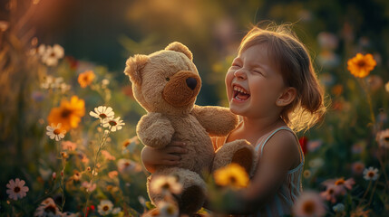 Laughing little girl with teddy bear among flowers