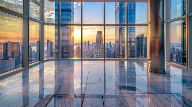 Modern cityscape viewed through large floortoceiling windows, with reflections of skyscrapers on polished marble floors during sunset