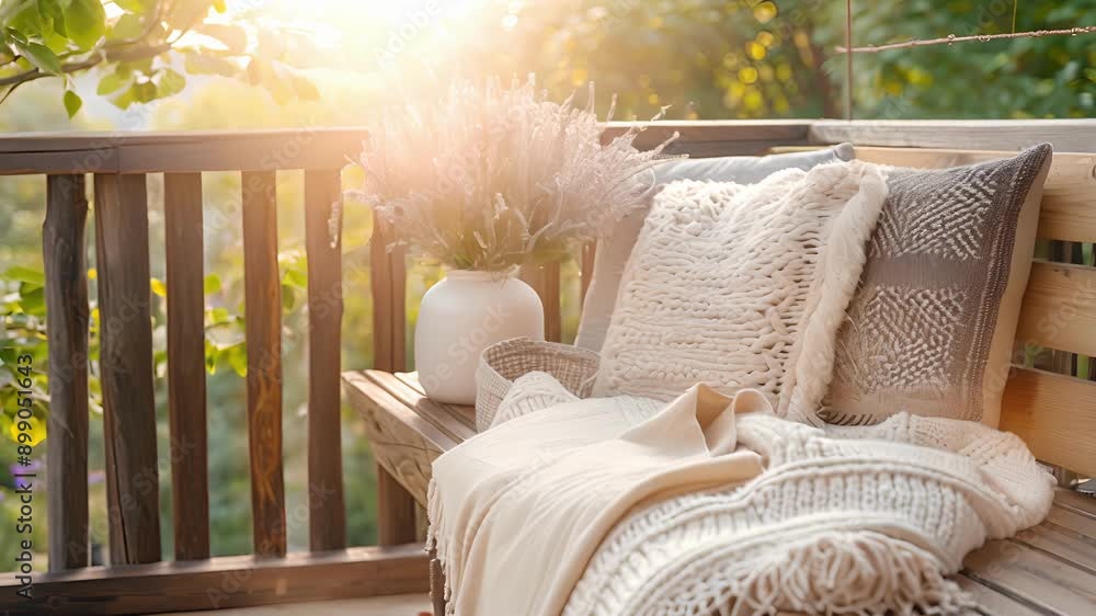 Poster a charming balcony hideaway awaits complete with a wooden bench and fluffy throw pillows. the dapple