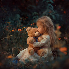 Little Girl Hugging a Teddy Bear in a Flower Field