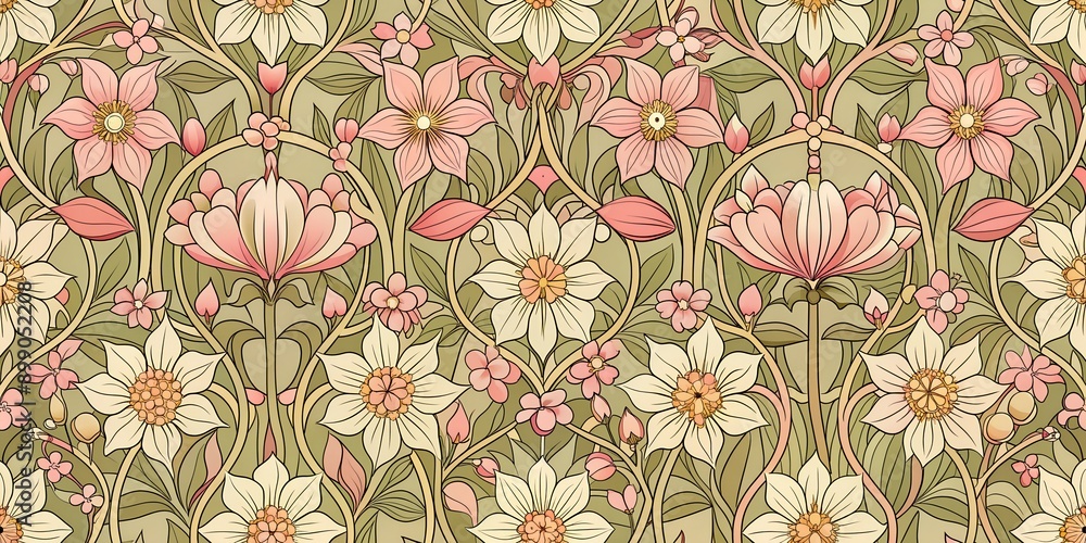 Poster art nouveau seamless pattern blossom generative ai