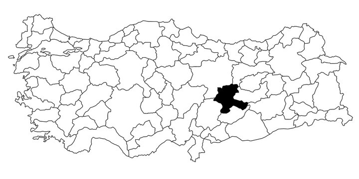 Map of malatya ils province in Turkey country on white background. Single State map highlighted by black colour on Turkey map. T&uuml;rkiye, TR, Republic of T&uuml;rkiye